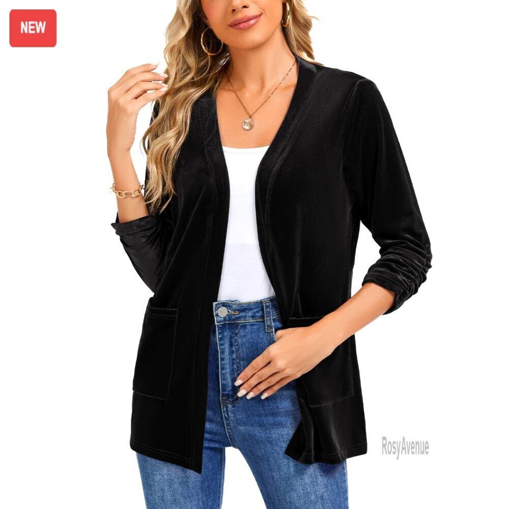 Velvet Cardigan 3/4 Sleeve Open Front Pockets Office Casual - Picture 1 of 7